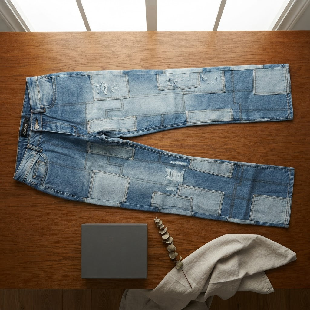 boohooMAN Light Blue Patchwork Distressed Straight Leg Denim