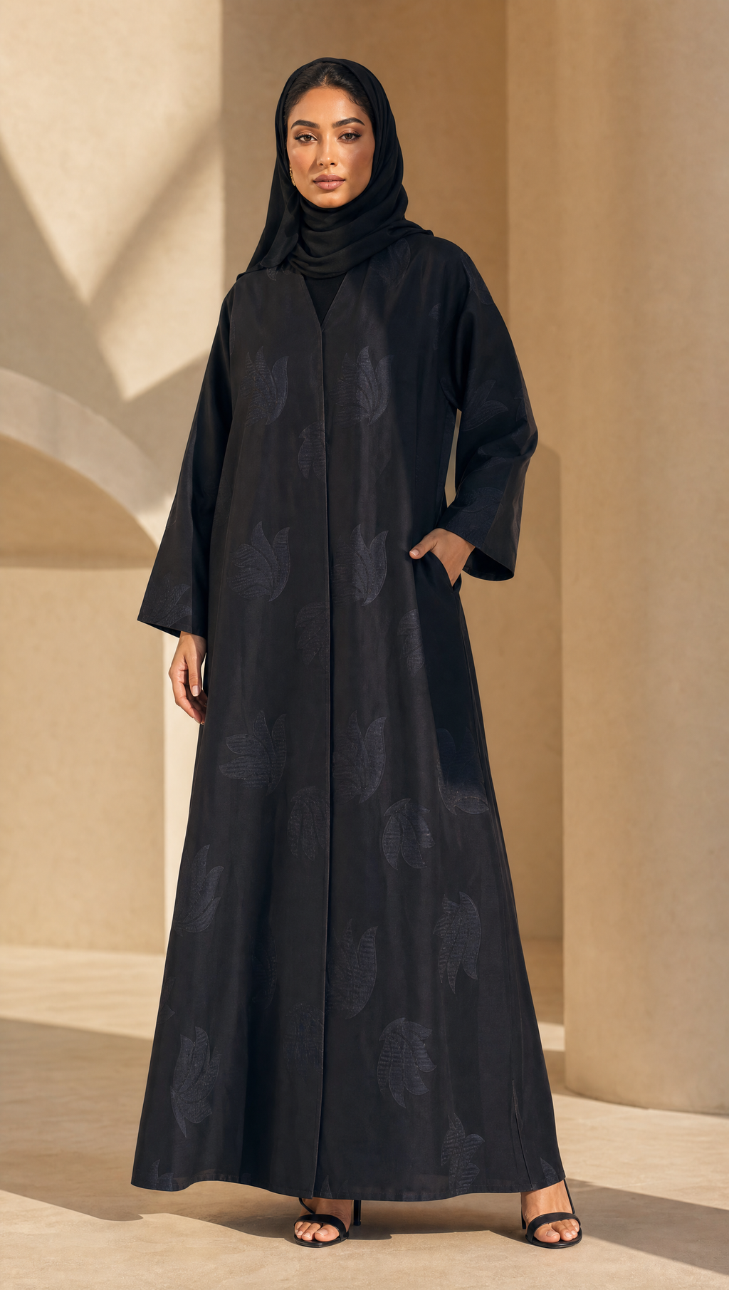 Elegant Black Textured Open Front Abaya Robe