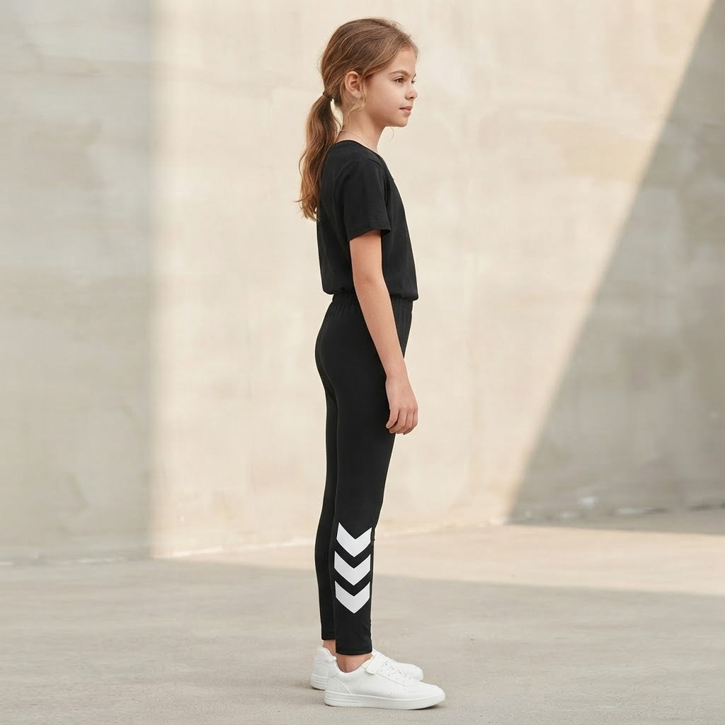 SHEIN Black Girls' Athletic Leggings with White Graphic Deta