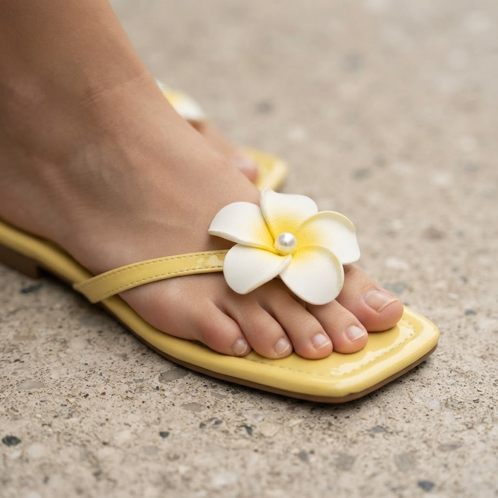 Women's Yellow Glossy Flat Thong Sandals with Flower