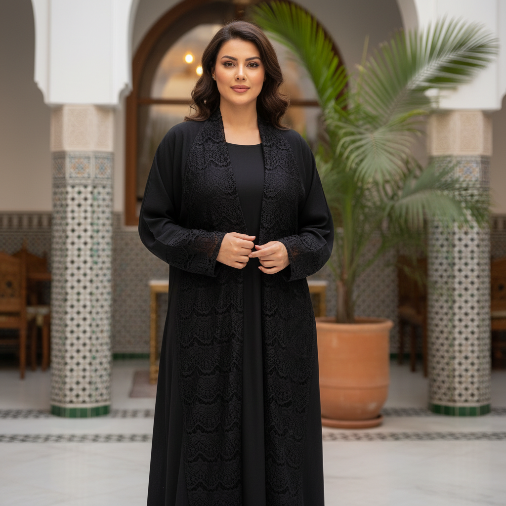 Haya Abaya Black Lace Trim Open Front Long Cardigan
