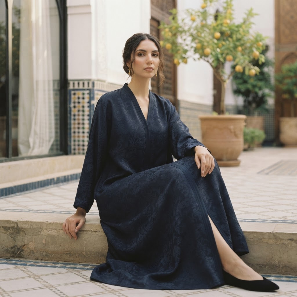 Al Wisham Al Aneeq Deep Navy Floral Jacquard A-Line Floor-Le