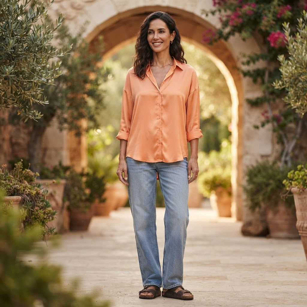Women's Vibrant Orange Satin Oversized Button-Down Blouse