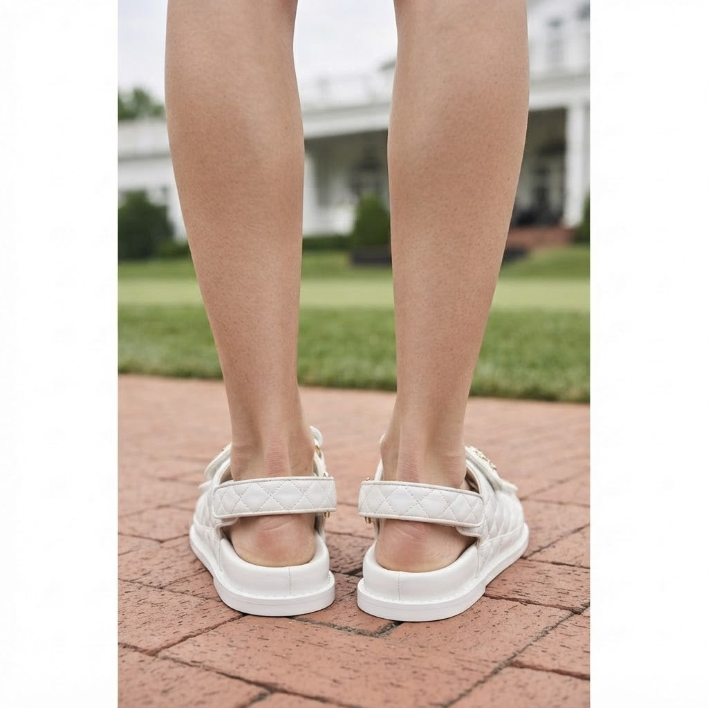 CHANEL White Quilted Double-Strap Flat Sandals with Gold Log
