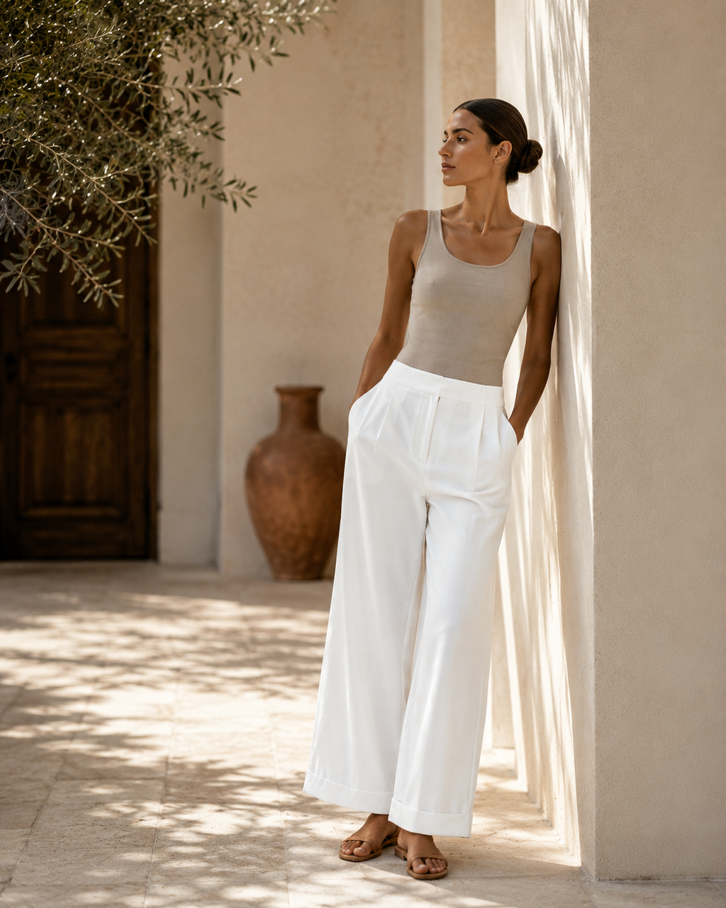Women's High-Rise White Wide-Leg Ankle Trousers