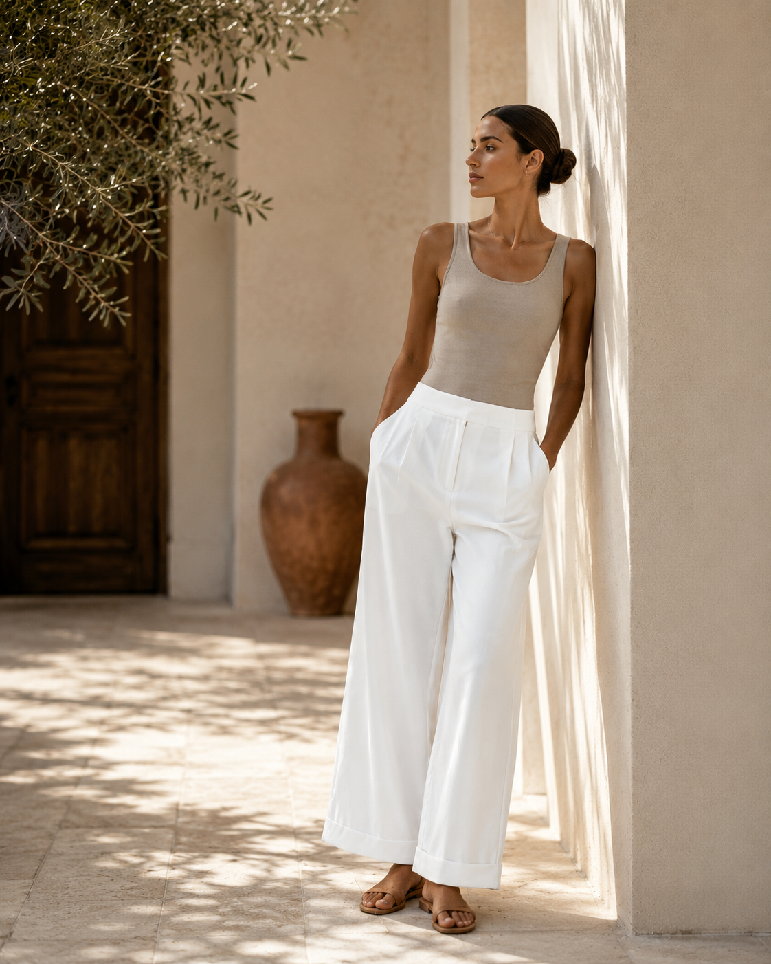 Women's High-Rise White Wide-Leg Ankle Trousers