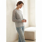 EMERY ROSE Light Heather Grey Top with Crochet Lace Sleeves