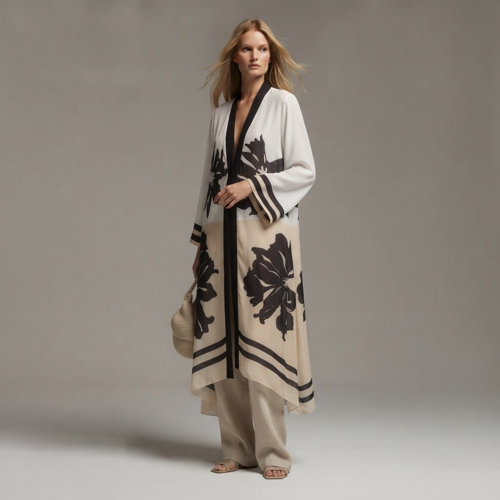 JOMANA White and Navy Floral Graphic Long Sleeve Tunic Dress