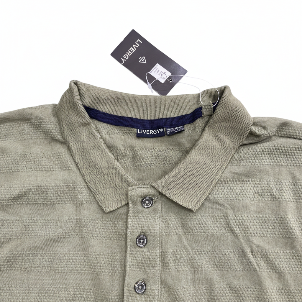 LIVERGY Men's Long Sleeve Textured Olive Green Polo Shirt