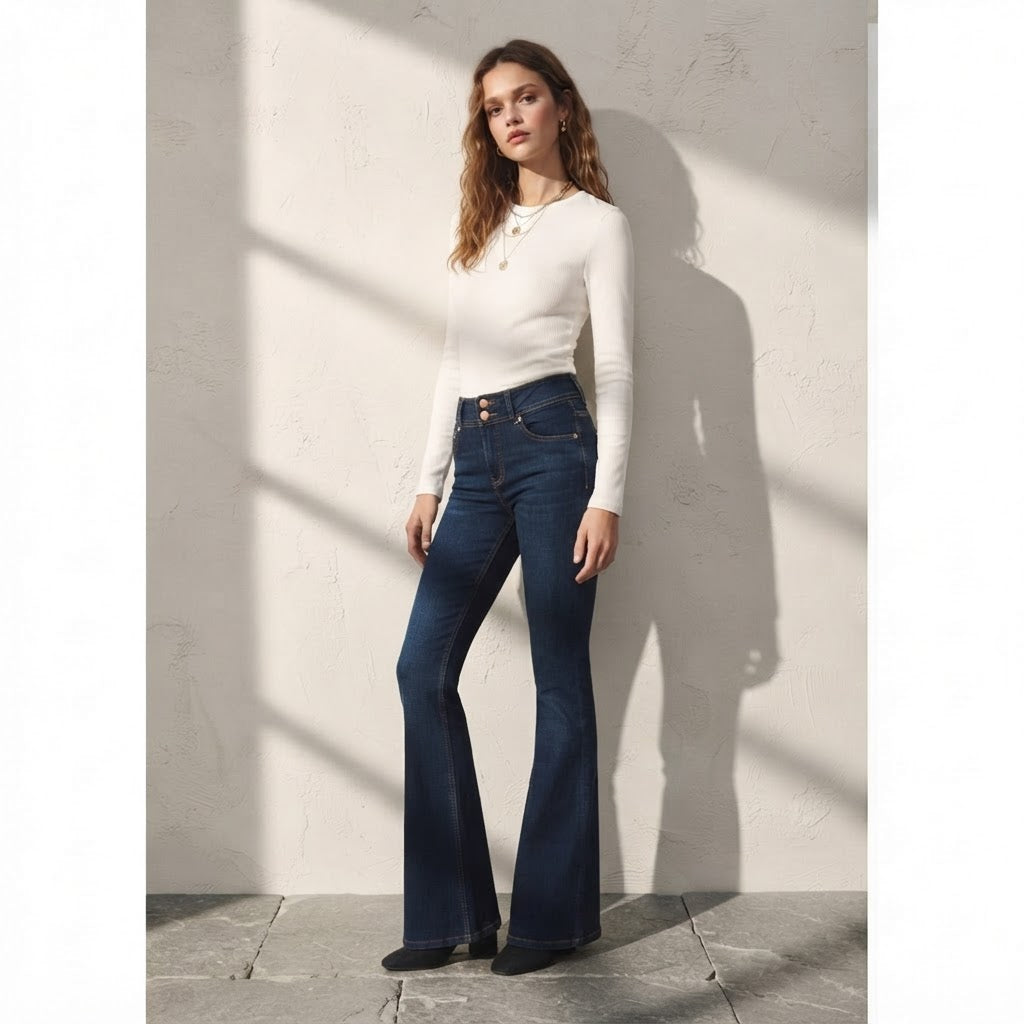 Bershka Dark Indigo Double-Button High-Rise Slim Flare Jeans