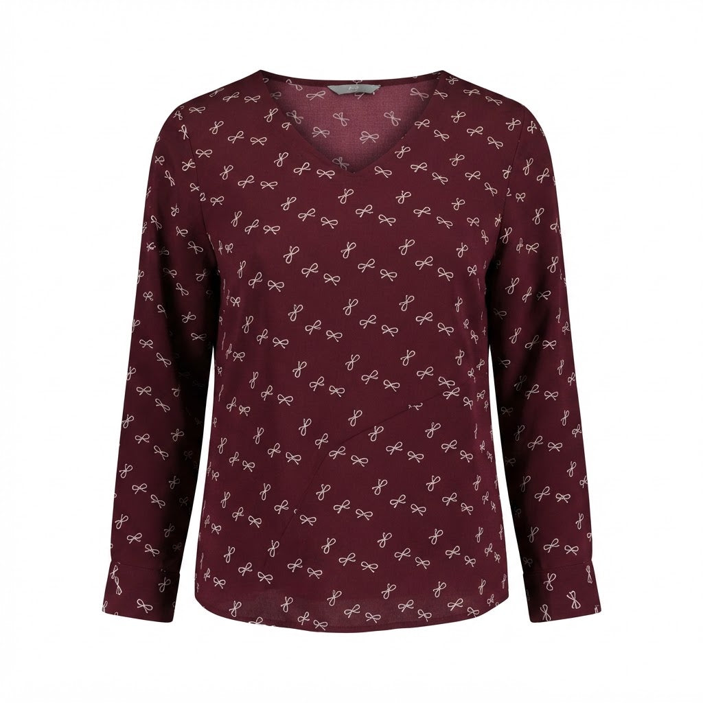 Women's Burgundy Bow Print V-Neck Long Sleeve Blouse