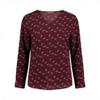 Women's Burgundy Bow Print V-Neck Long Sleeve Blouse