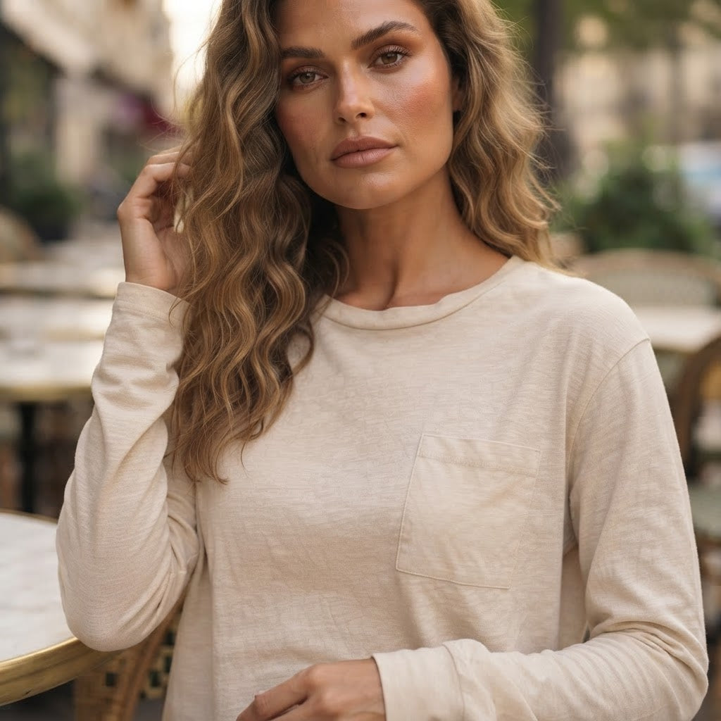 Emery Rose Oatmeal Relaxed Long-Sleeve T-Shirt with Chest Po