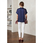 SHEIN Women's Navy navy Satin Mandarin Collar Blouse