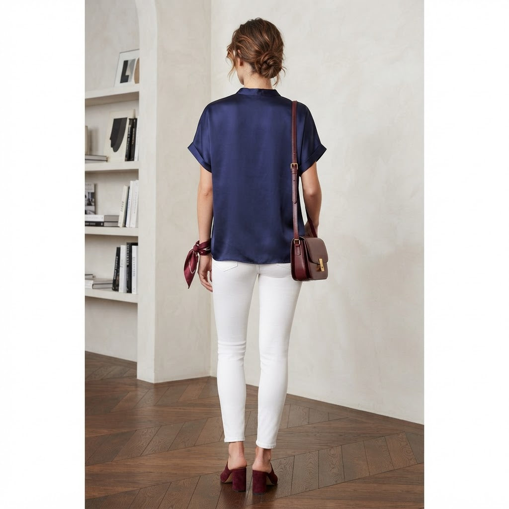 SHEIN Women's Navy navy Satin Mandarin Collar Blouse