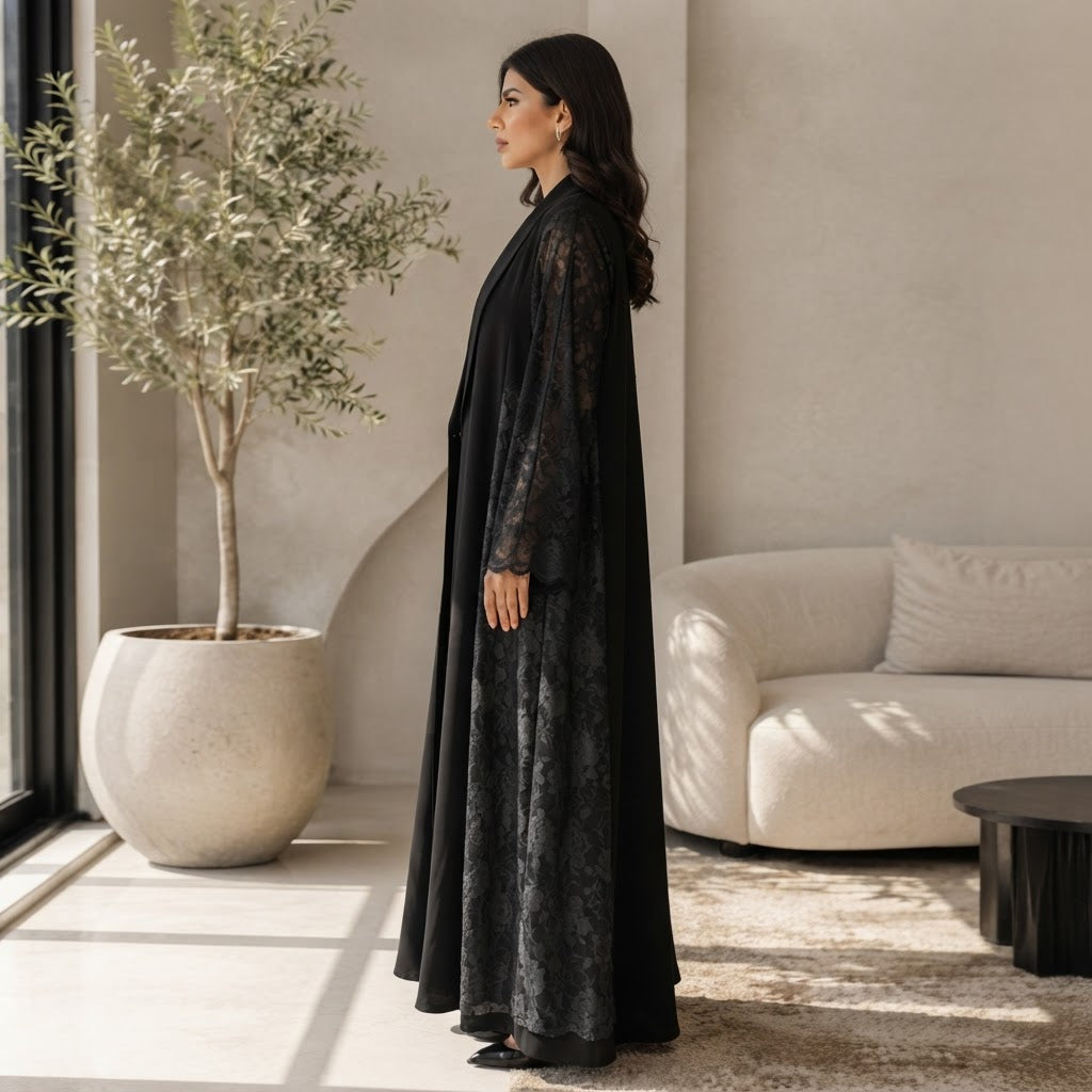 guess Black Open-Front Abaya with Floral Lace Panels