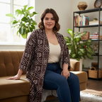 SHEIN Women's Brown Geometric Print Long Kimono Robe