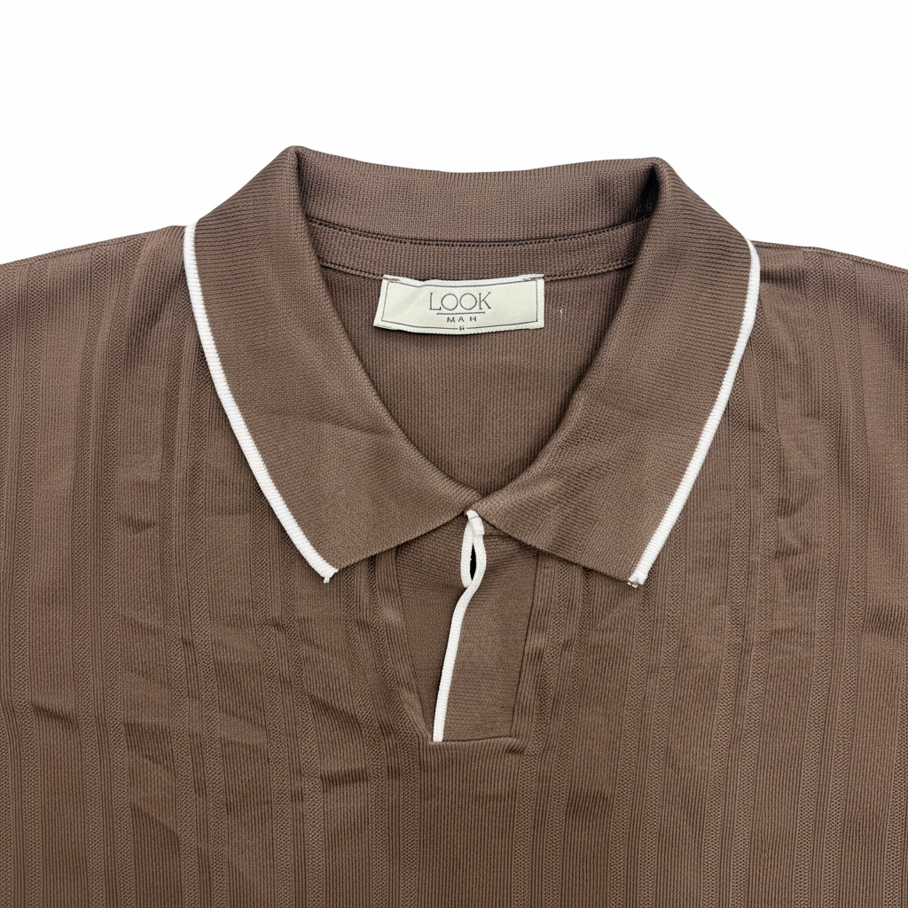 LOOK MAN Brown Ribbed Knit Polo Shirt