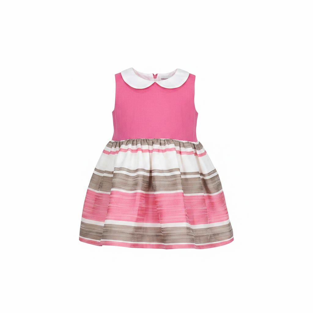 Girls Pink and Striped Linen Sleeveless Party Dress Size 4