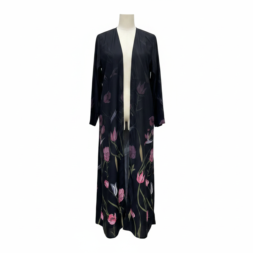 S D N L I N E Women's Black Floral Open-Front Long Abaya