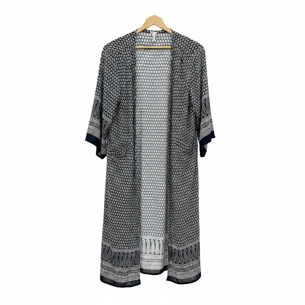 Women's Navy and White Printed Longline Kimono