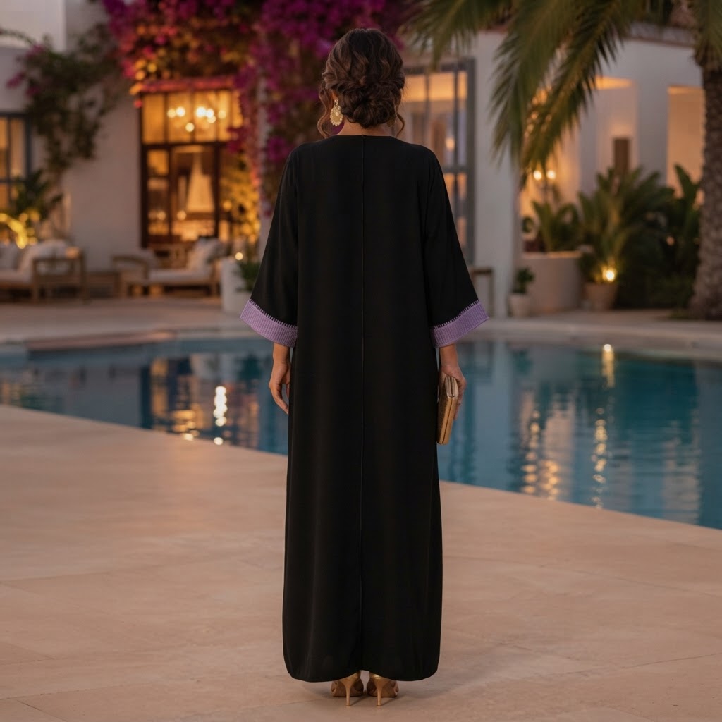 Black Abaya with Lavender Geometric Tribal Embroidery