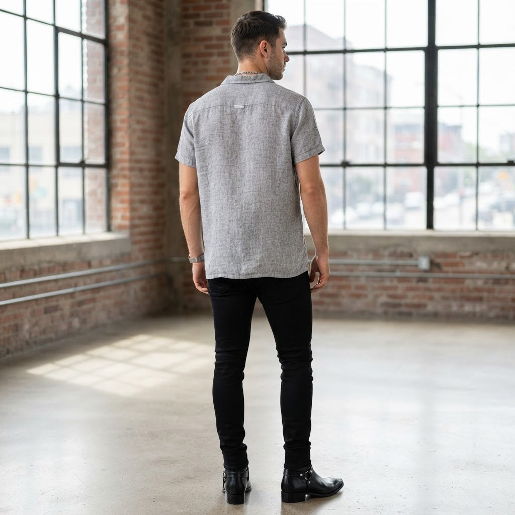 COLIN'S Men's Grey Melange Short Sleeve Button-Down Shirt
