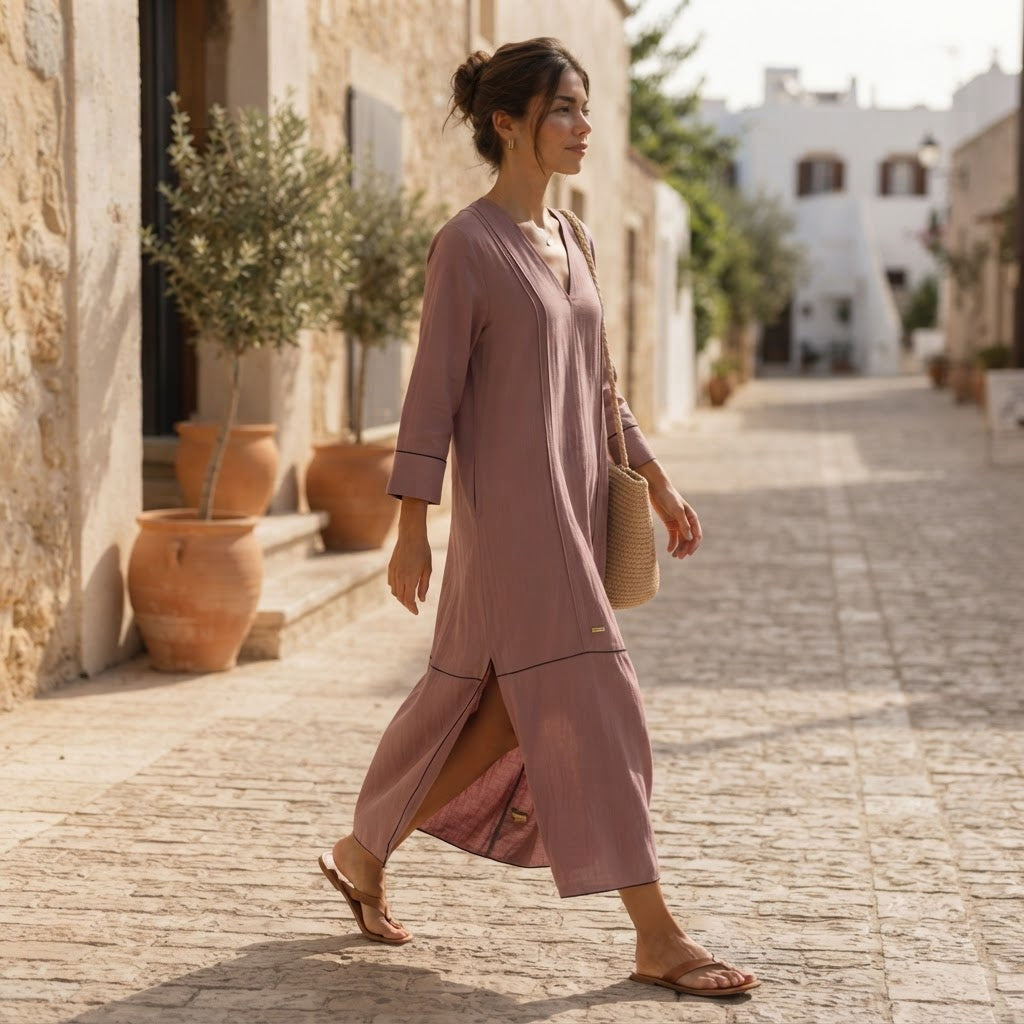 Strive Dusty Mauve Long Kurta with Scalloped Black Trimmed H