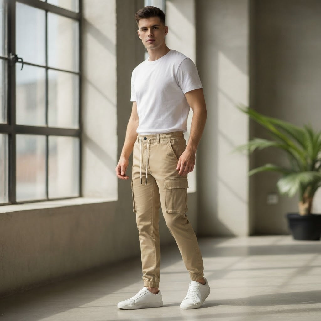NICENICENIC Khaki Cargo Jogger Trousers with Bellowed Pocket