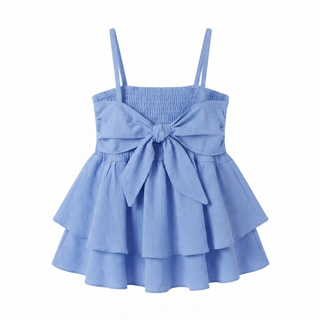 SHEIN Periwinkle Blue Smocked Ruffle Top with Front Bow