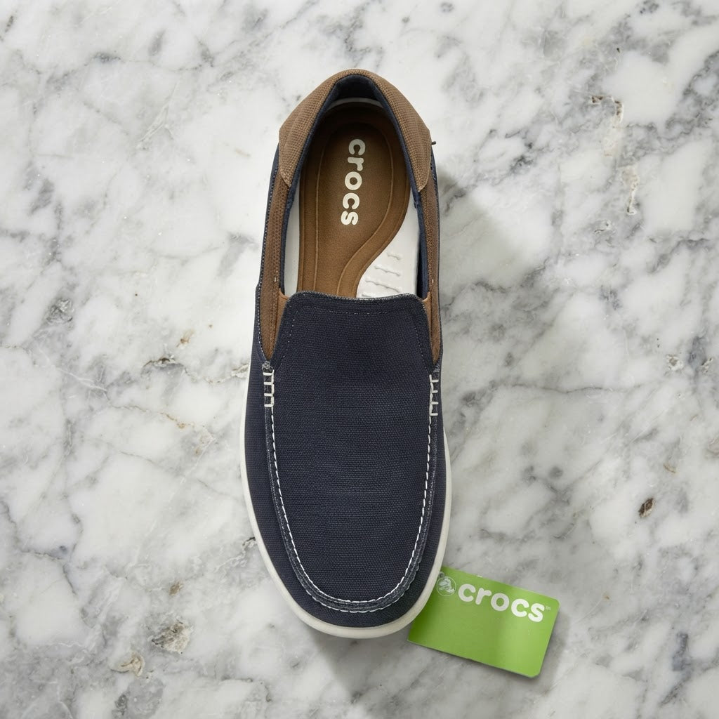 Navy Blue Canvas Slip-On Loafers with White Stitching