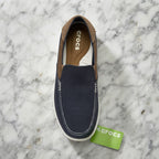 Navy Blue Canvas Slip-On Loafers with White Stitching
