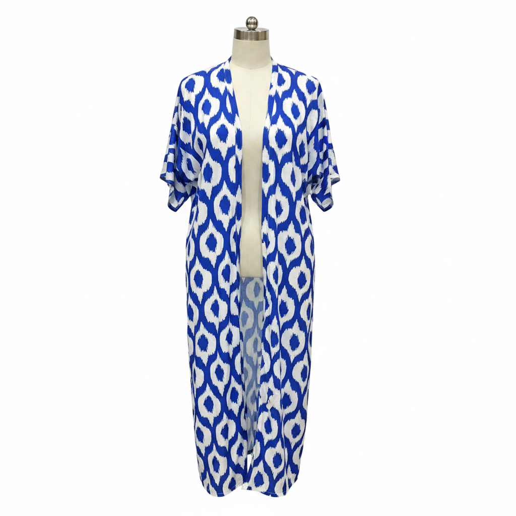 SHEIN Women's Blue and White Geometric Print Maxi Kimono