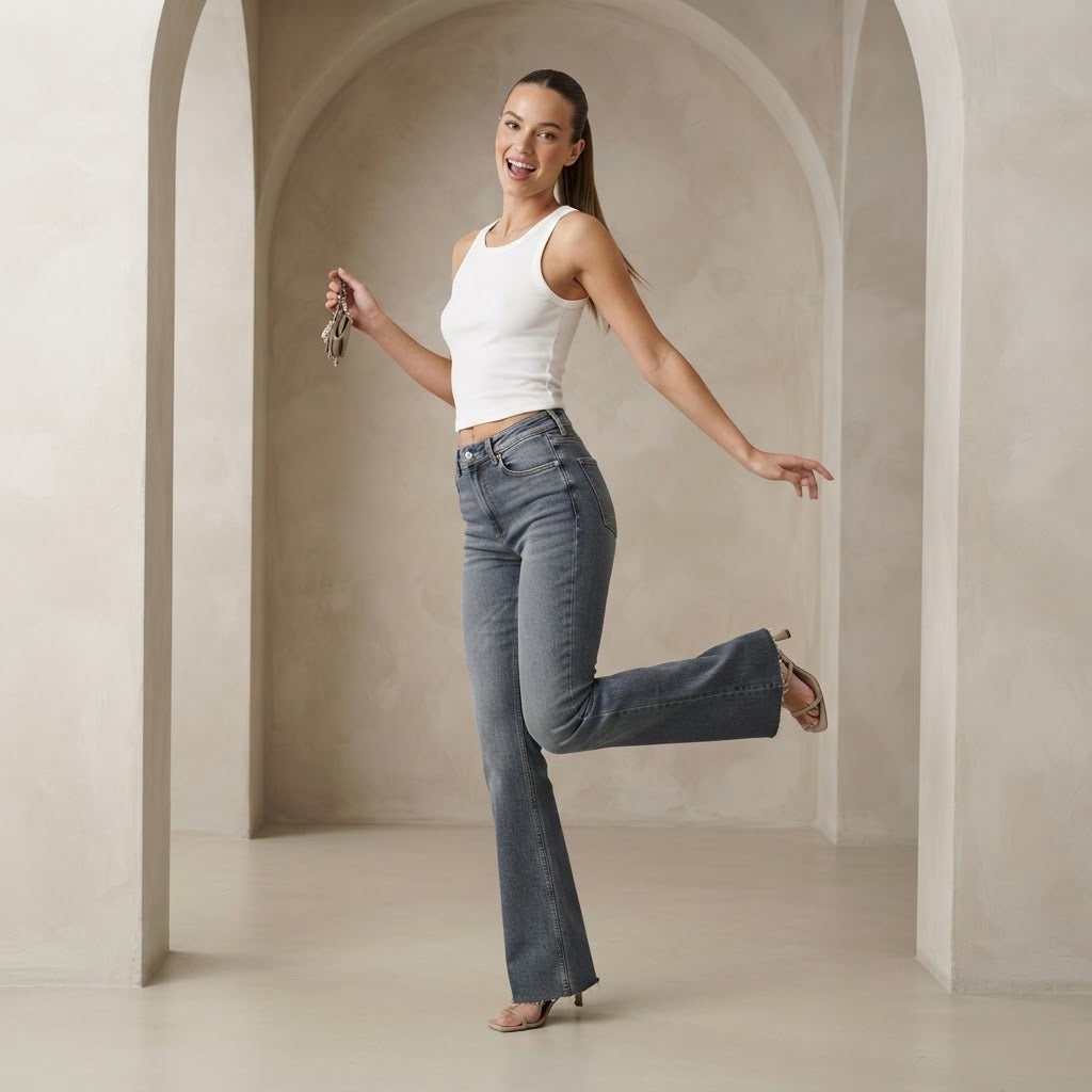 Bershka Bershka Mid-Washed Blue Long Flare Jeans with Raw He