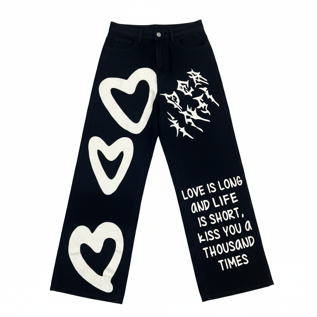 Women's Black Heart Graphic Wide Leg Jeans
