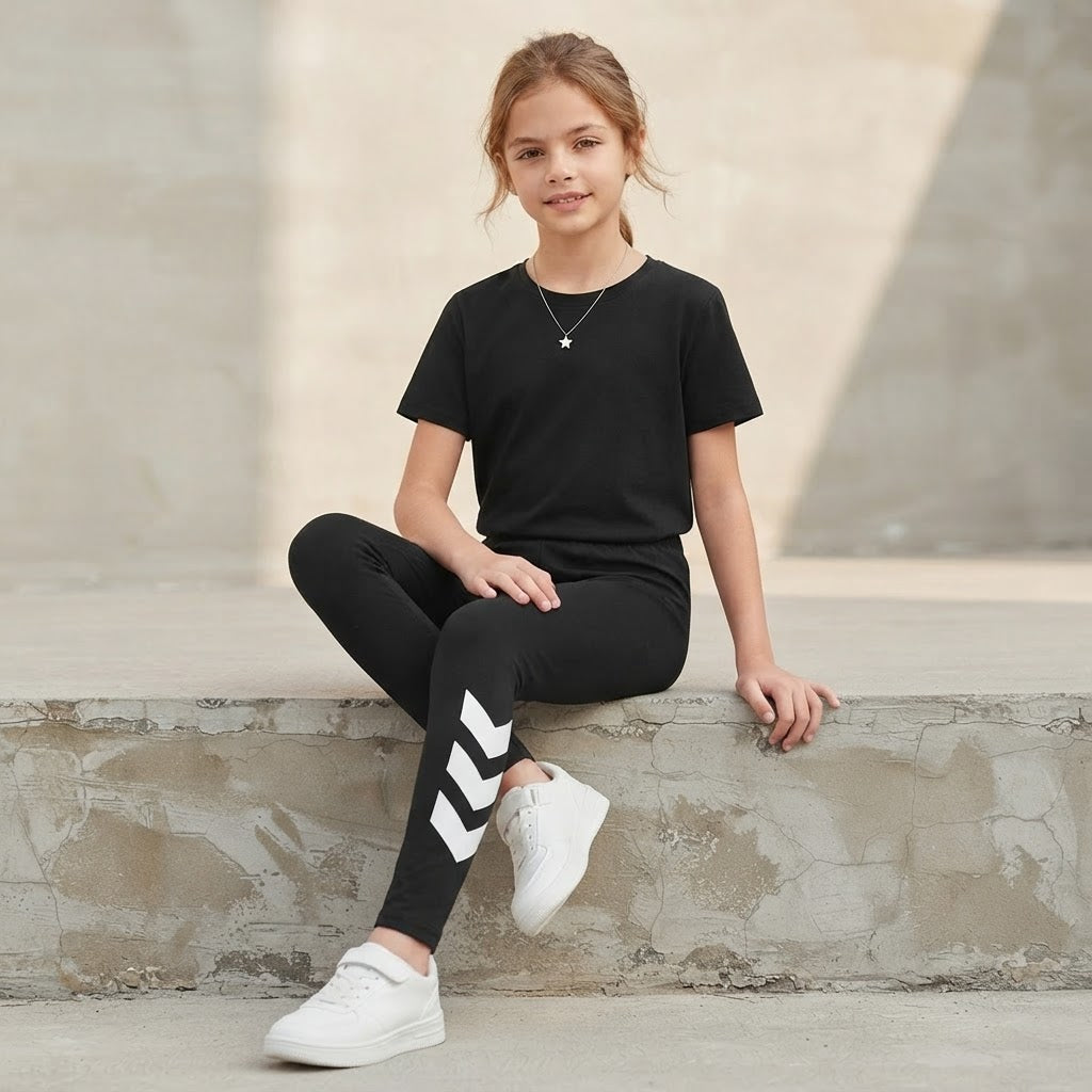 SHEIN Black Girls' Athletic Leggings with White Graphic Deta