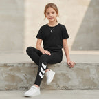 SHEIN Black Girls' Athletic Leggings with White Graphic Deta