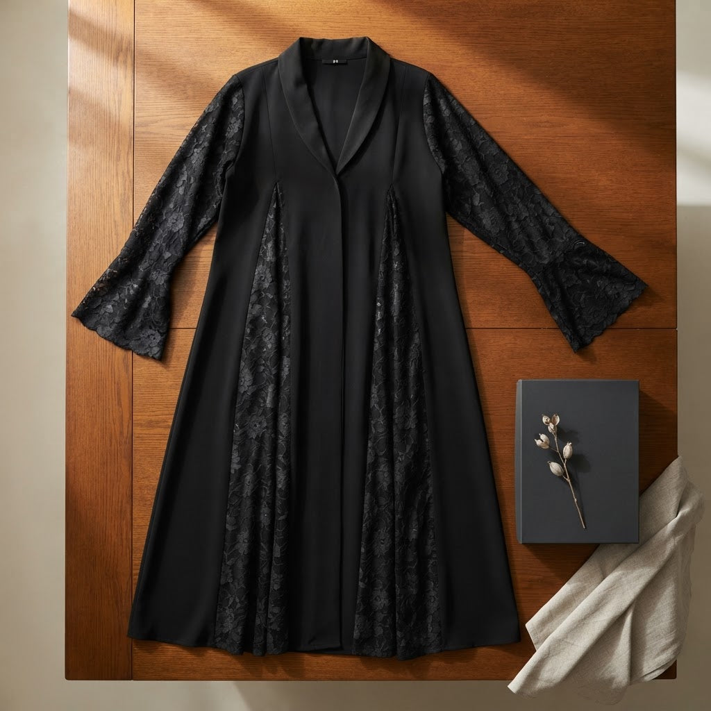 guess Black Open-Front Abaya with Floral Lace Panels