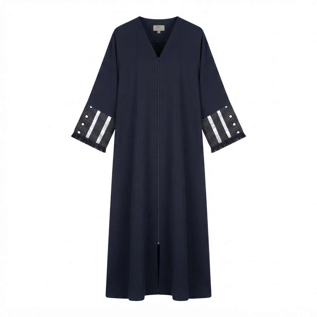 ASALA Deep Navy Zip-Front Abaya with Decorative Fringe Cuffs