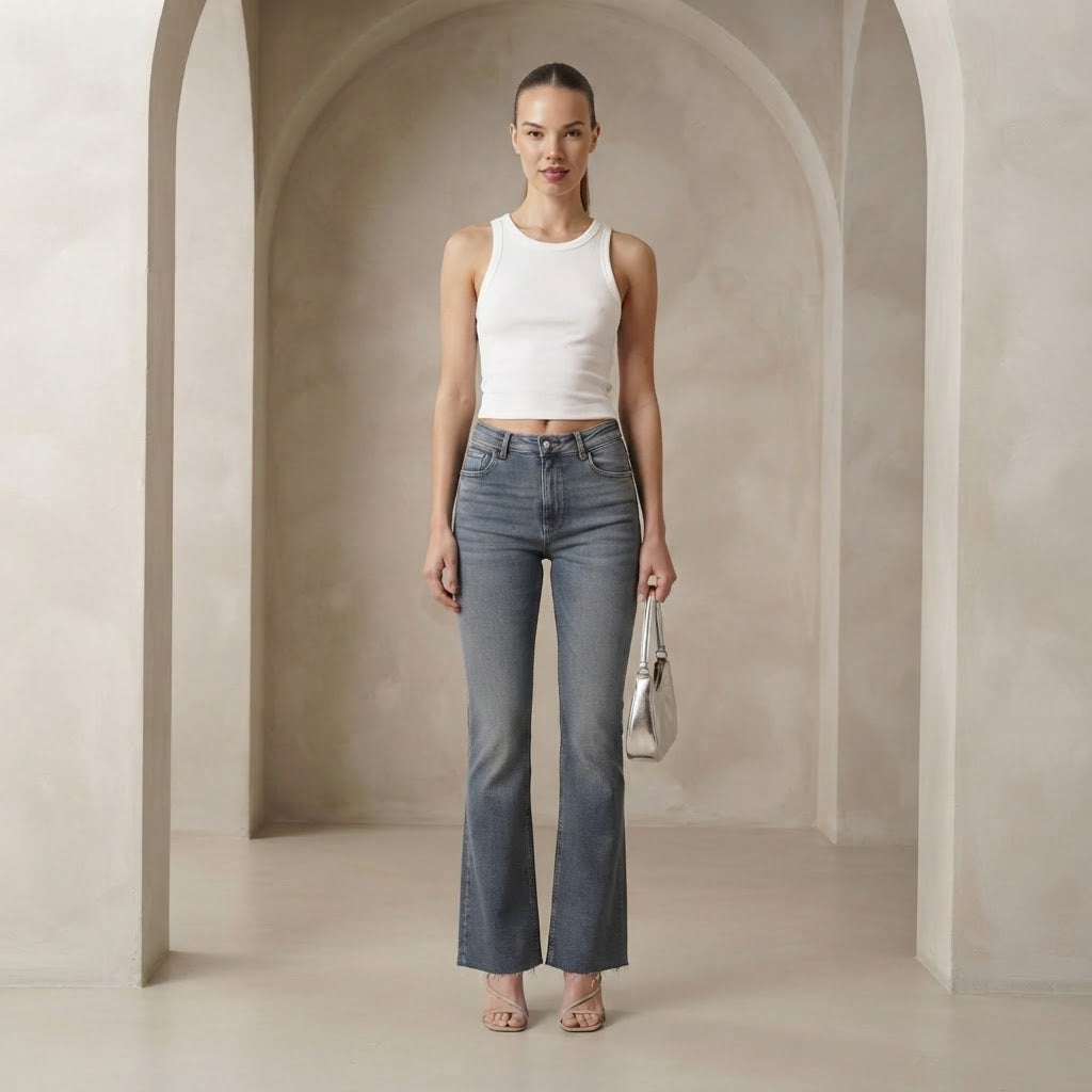Bershka Bershka Mid-Washed Blue Long Flare Jeans with Raw He