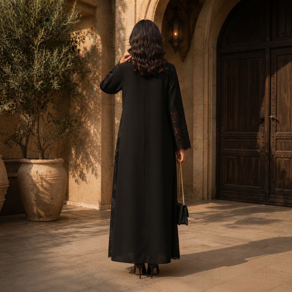 Black Open-Front Abaya with Floral Lace Cuffs and