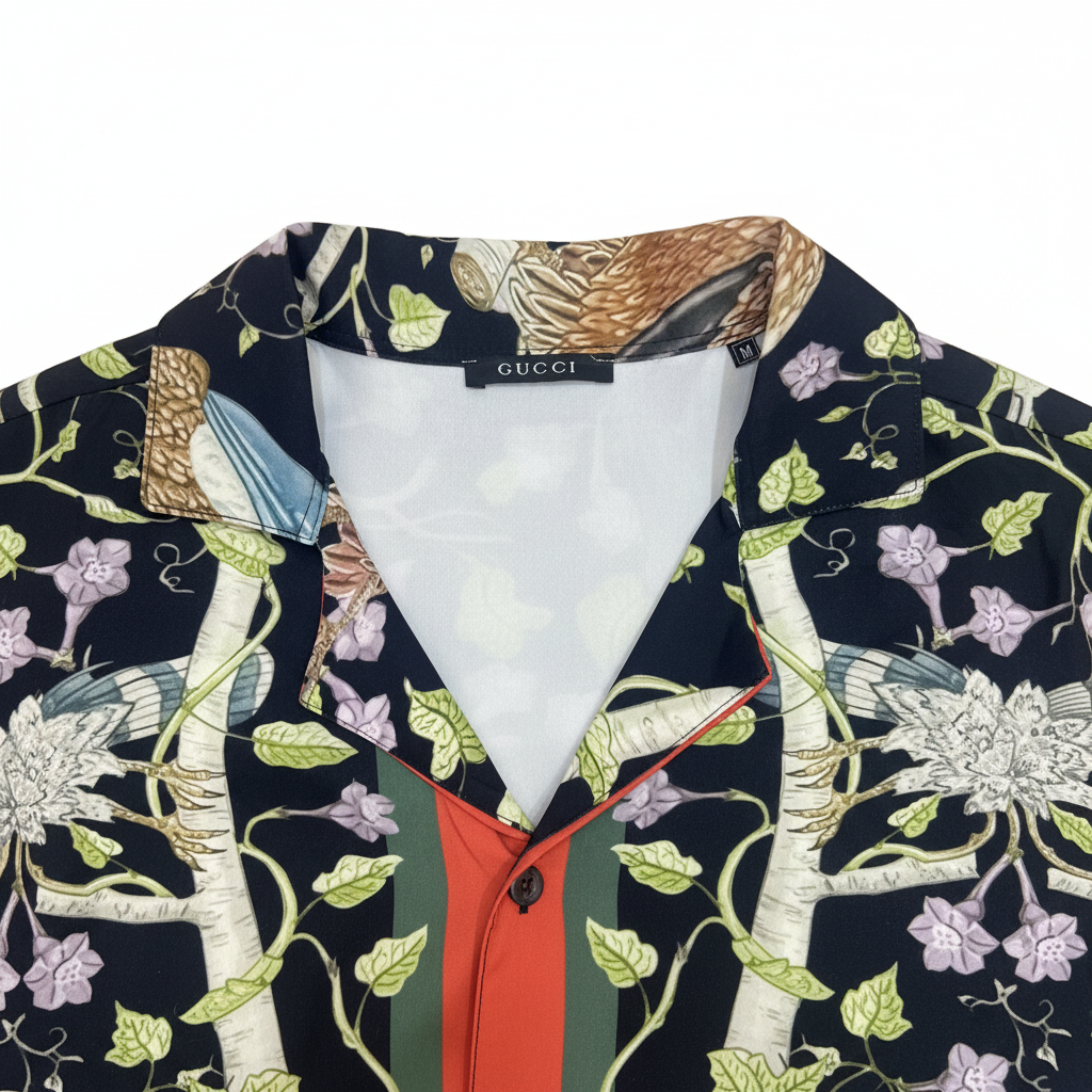 GUCCI Men's Black Bird & Floral Print Camp Collar Shirt