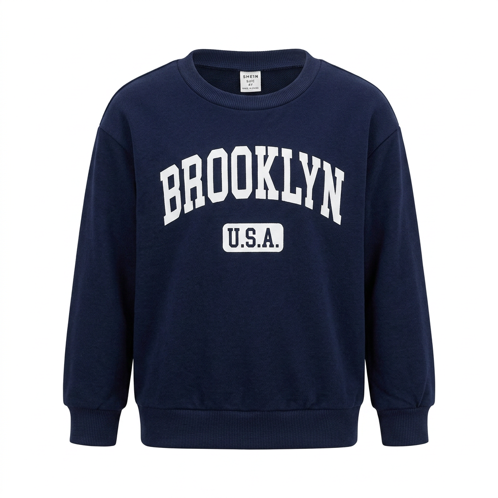 SHEIN Navy Blue Kids Brooklyn USA Graphic Crewneck Sweatshir