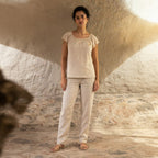Love and Money Beige Gathered Neckline Top with Braided Meta