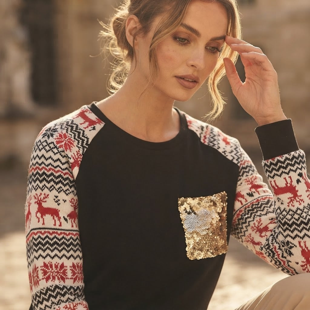 Emery Rose Black Festive Long Sleeve Top with Gold Sequin Po
