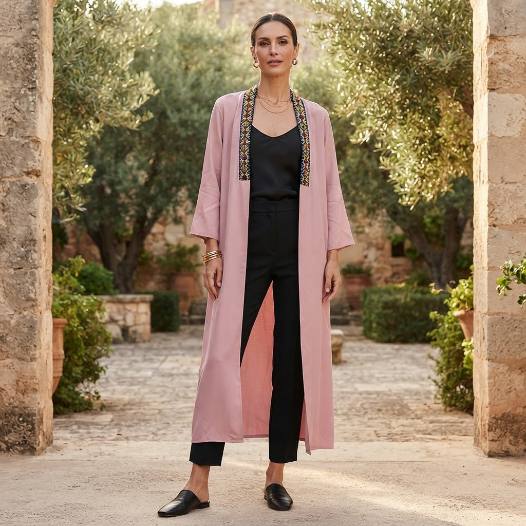 SHEIN Women's Pink Long Open-Front Kimono Abaya Jacket with Trim
