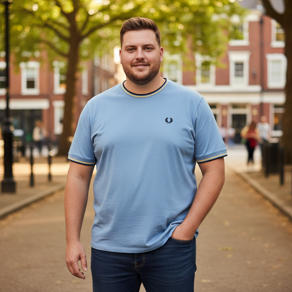 FRED PERRY Men's Light Blue Tipped Crew Neck Cotton T-Shirt