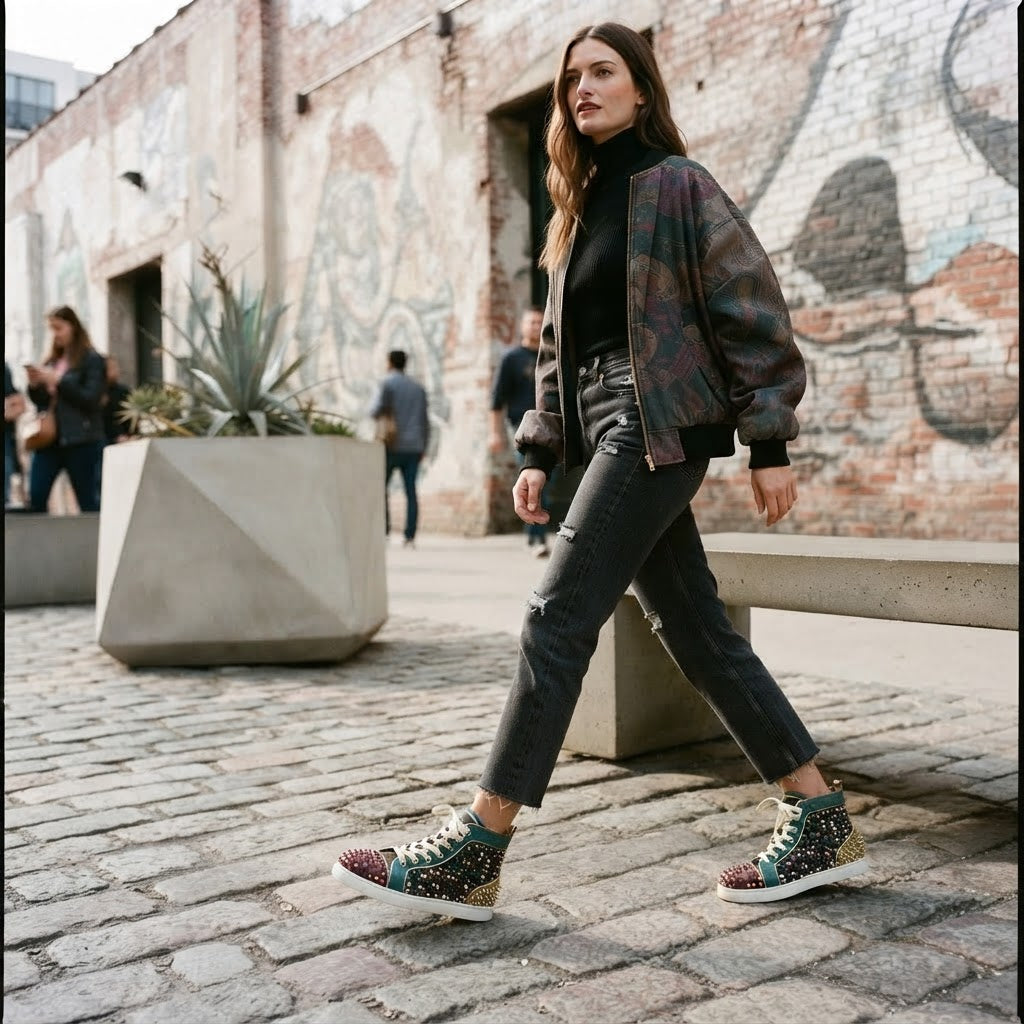Christian Louboutin Luxury Studded Patchwork High-Top Sneake