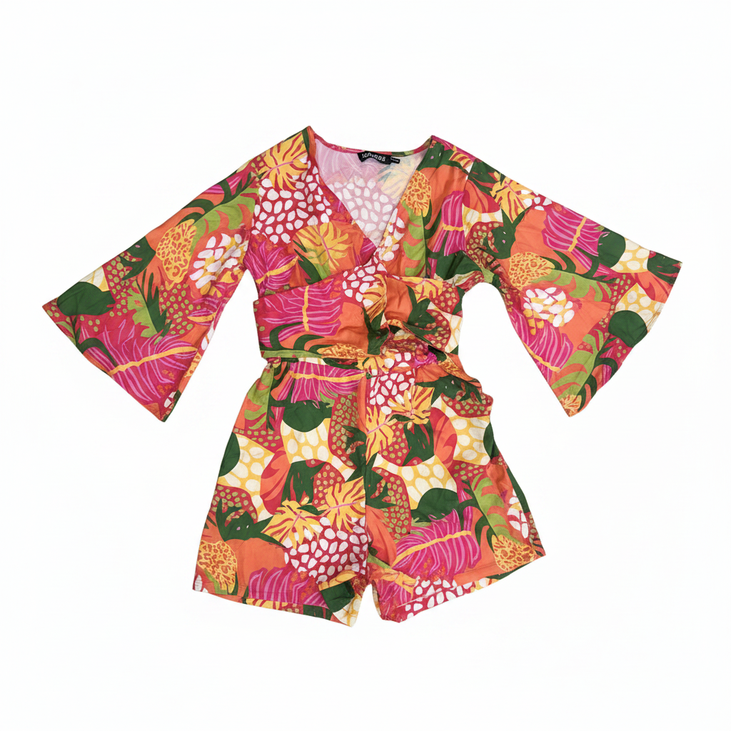 Sassafras Tropical Floral Wrap Front Romper - Small