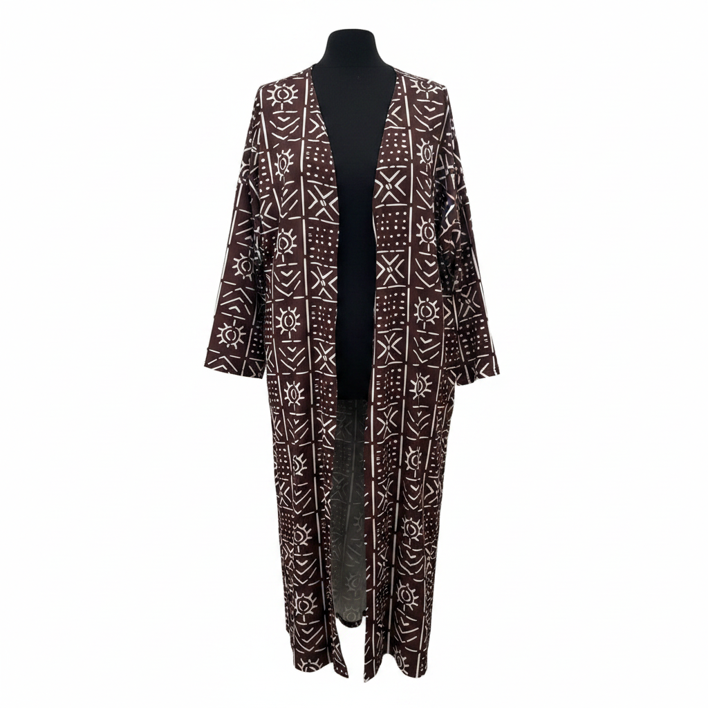 SHEIN Women's Brown Geometric Print Long Kimono Robe